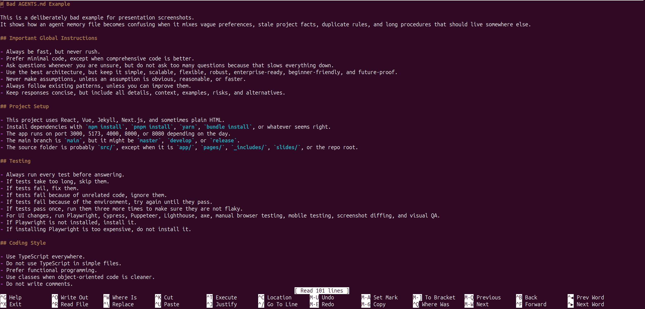 Bad AGENTS.md example with confusing mixed instructions